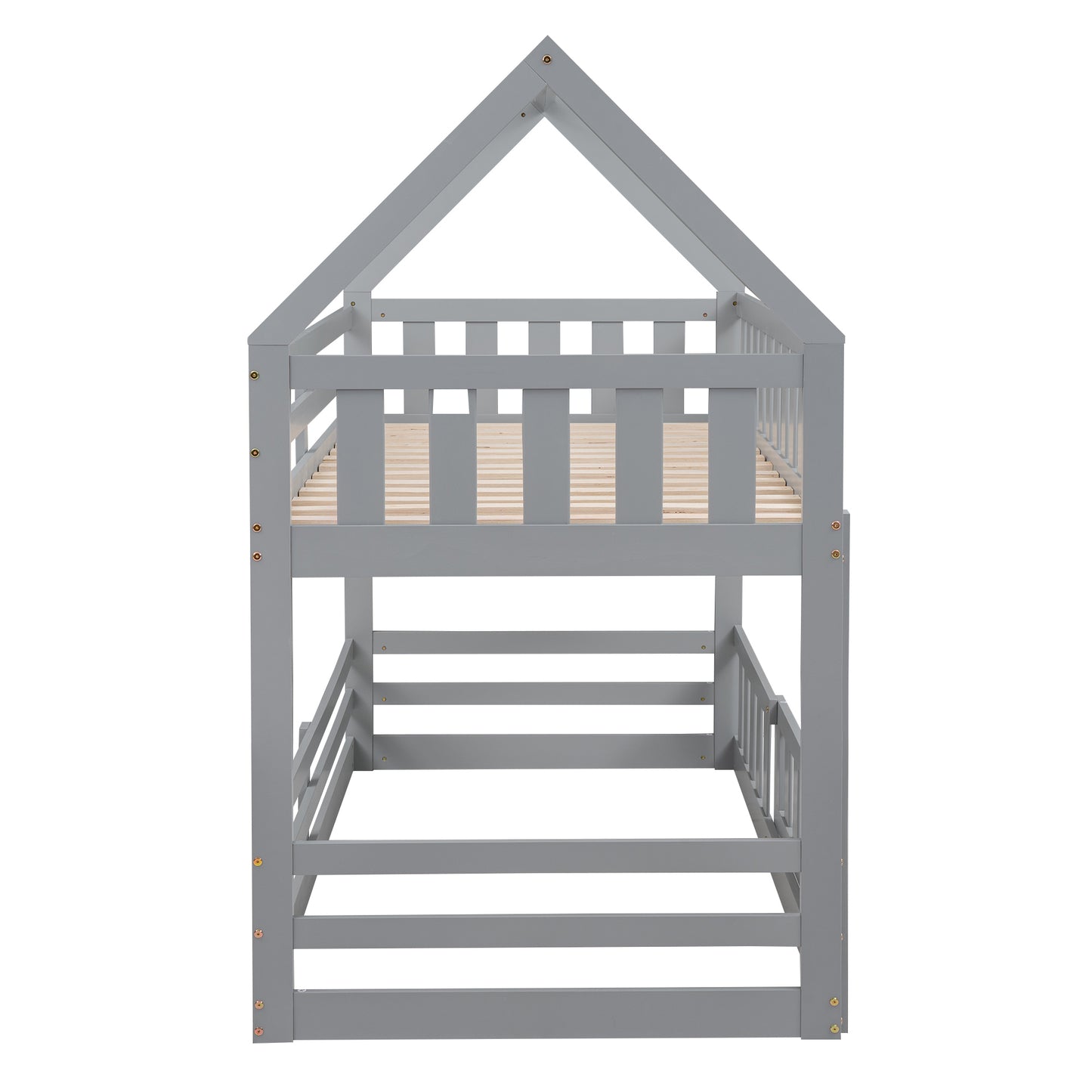 Twin House Bunk Bed with Gray Fence and Door