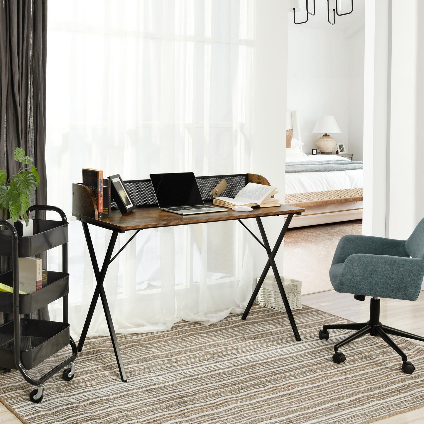 Sleek Black Computer Desk with X-Shaped Metal Legs and Spacious Work Surface