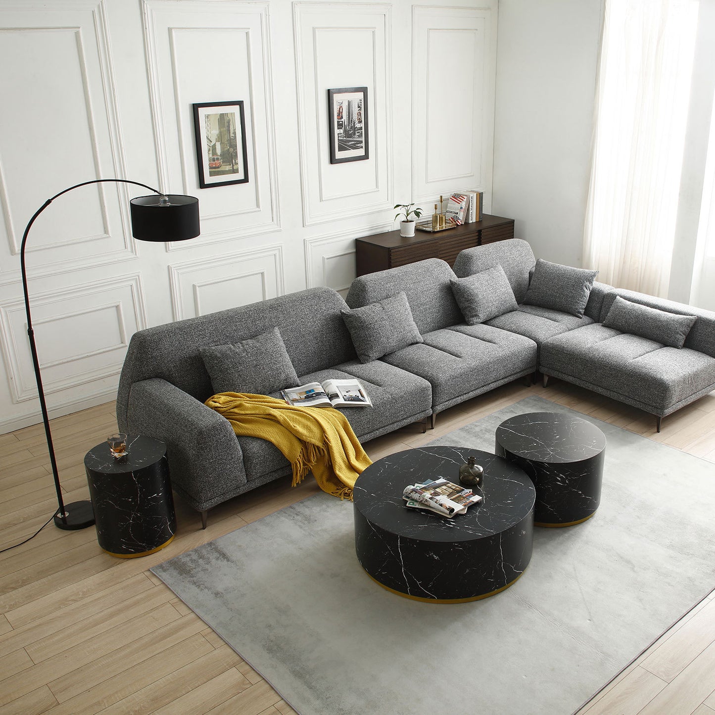 Modern Black Faux Marble Coffee Table with Gold Metal Base