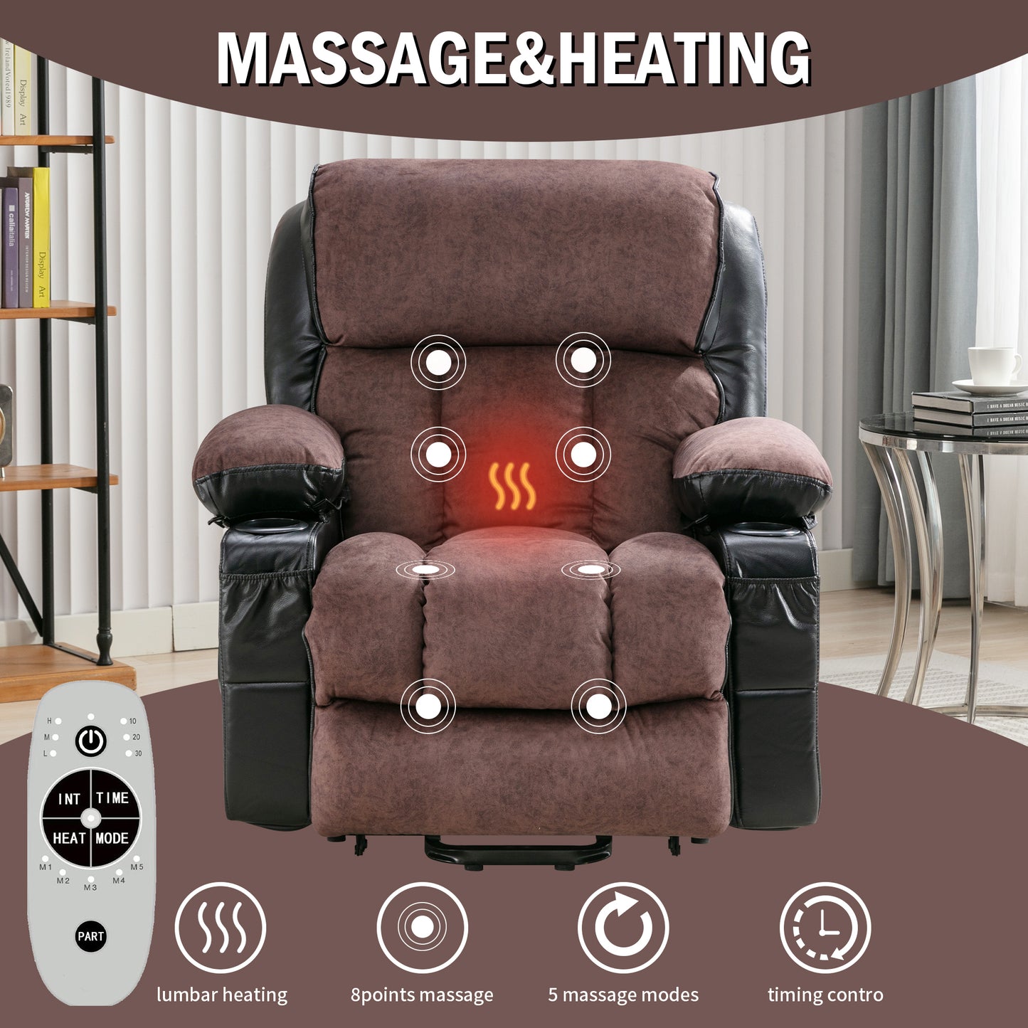 Electric Power Lift Recliner Chair with Heat and Massage for Elderly in Black/Brown