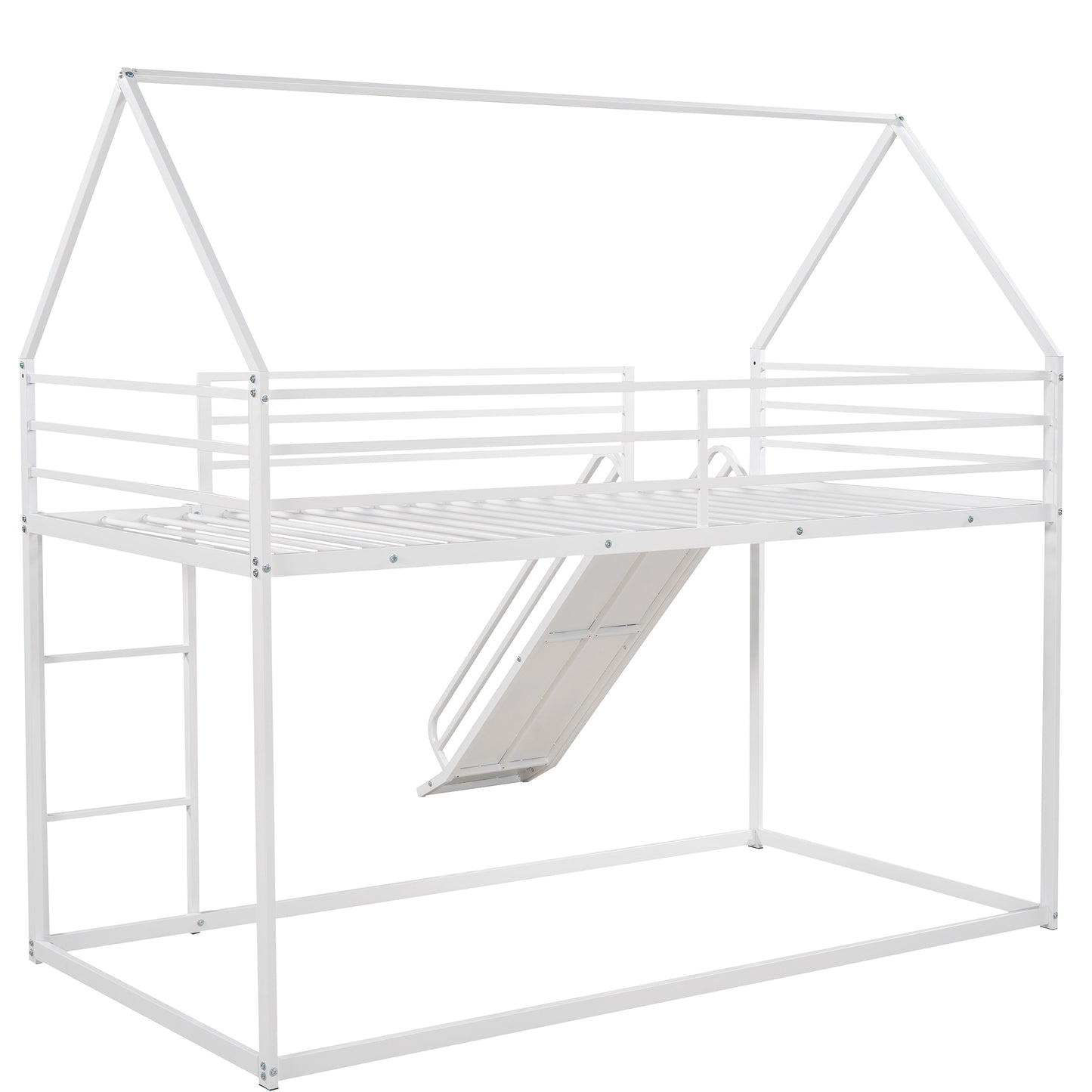 White Twin over Twin House Bunk Bed with Ladder, Slide, and Playhouse