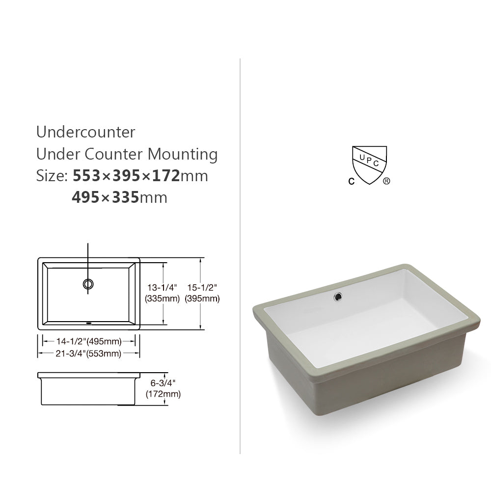 22"x15.5" White Ceramic Rectangular Undermount Bathroom Sink with Overflow