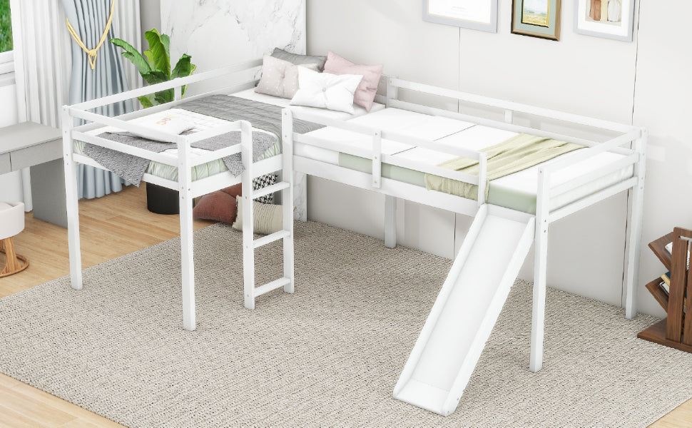 L-Shaped Twin Size Loft Bed with Ladder and Slide, White