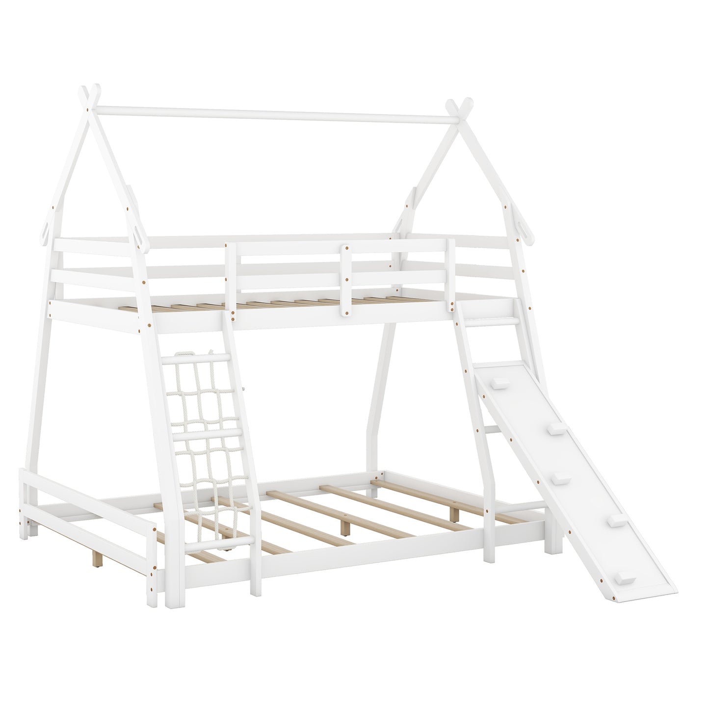 Twin and Queen Climbing House Bunk Bed with Nets and Ramp in White