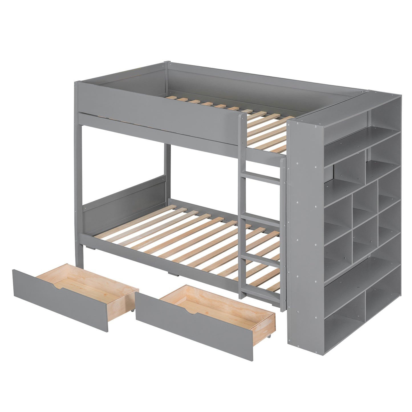 Versatile Gray Twin Bunk Bed with Storage Drawers and Multi-Layer Cabinet