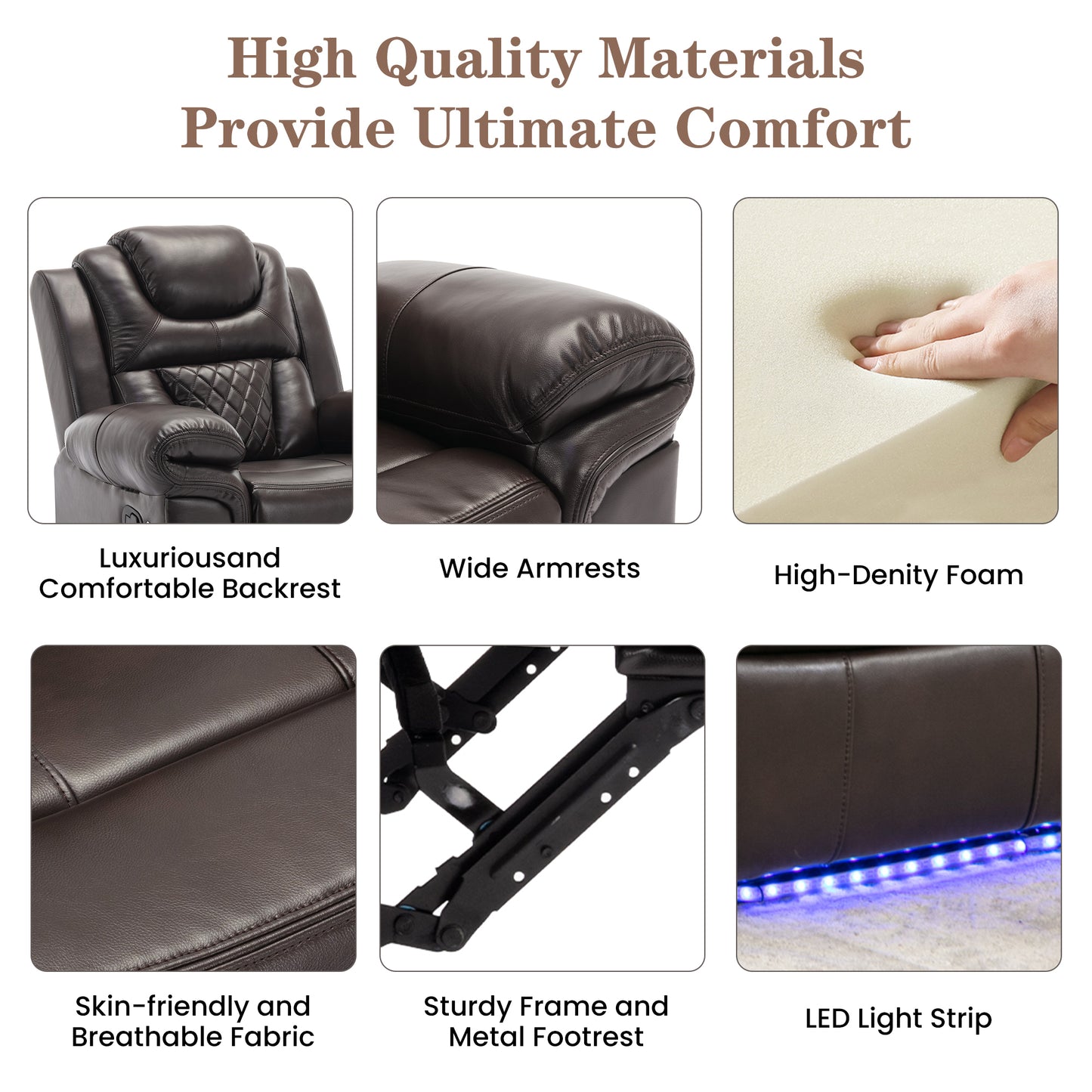 Brown Home Theater Recliner Chair with LED Lights and Manual Recline