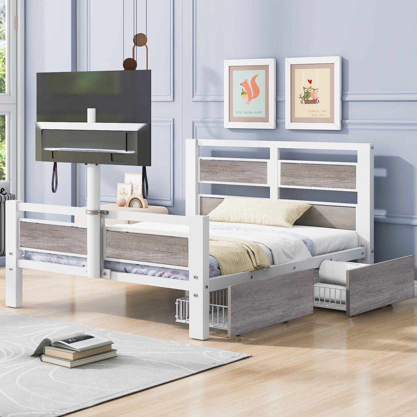 Metal Platform Bed with Rotating TV Stand, Storage Drawers, and MDF Headboard, Twin Size, White