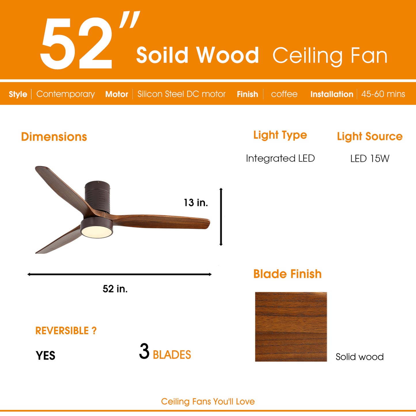 52 Inch Modern Wooden Ceiling Fan with LED Light and Remote Control