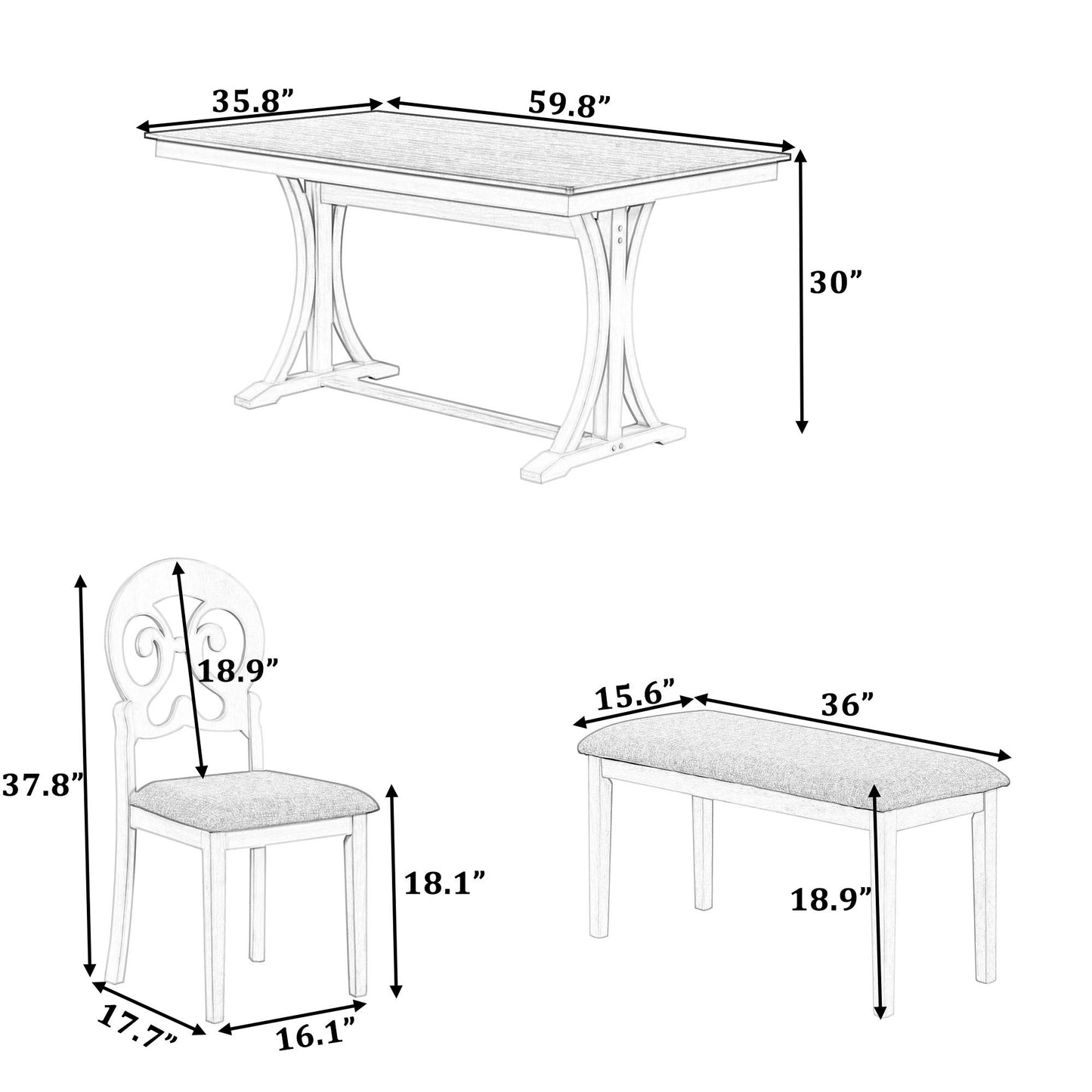 Mid-Century 6-Piece Trestle Table Set with Victorian Round Upholstered Dining Chairs and Long Bench, Gray+Antique White