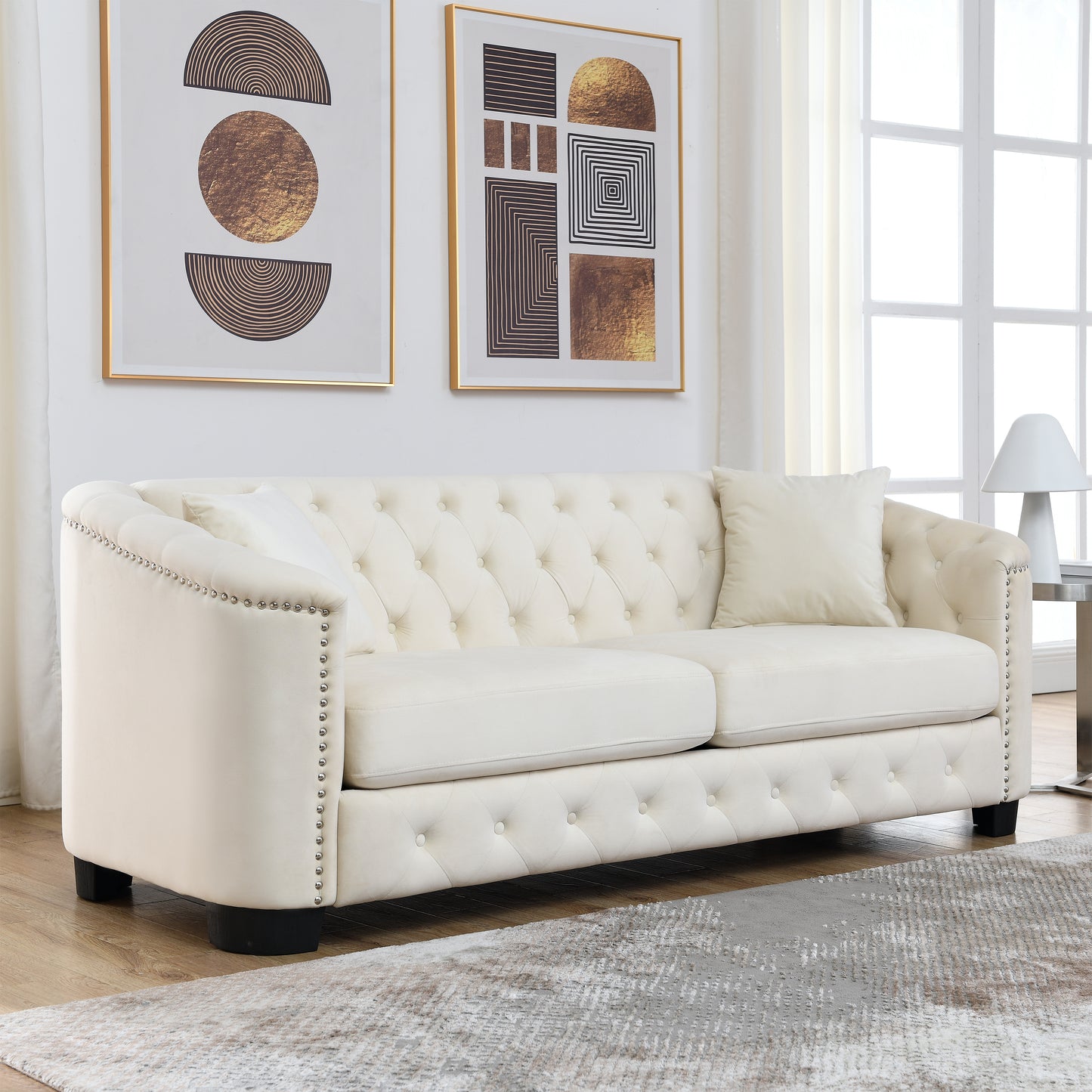 77-Inch Modern Chesterfield Velvet Sofa with Nailhead Arms, Beige