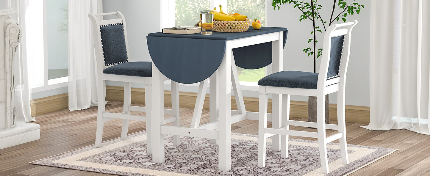 3-Piece Wood Counter Height Drop Leaf  Dining Table Set with 2 Upholstered Dining Chairs for Small Place, White+Gray