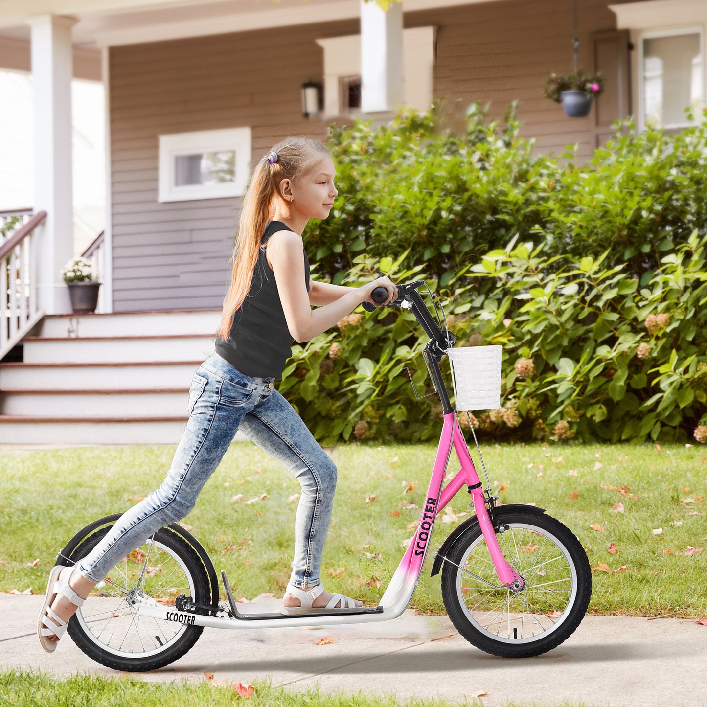 Adjustable Pink Youth Scooter with Inflatable Tires and Accessories