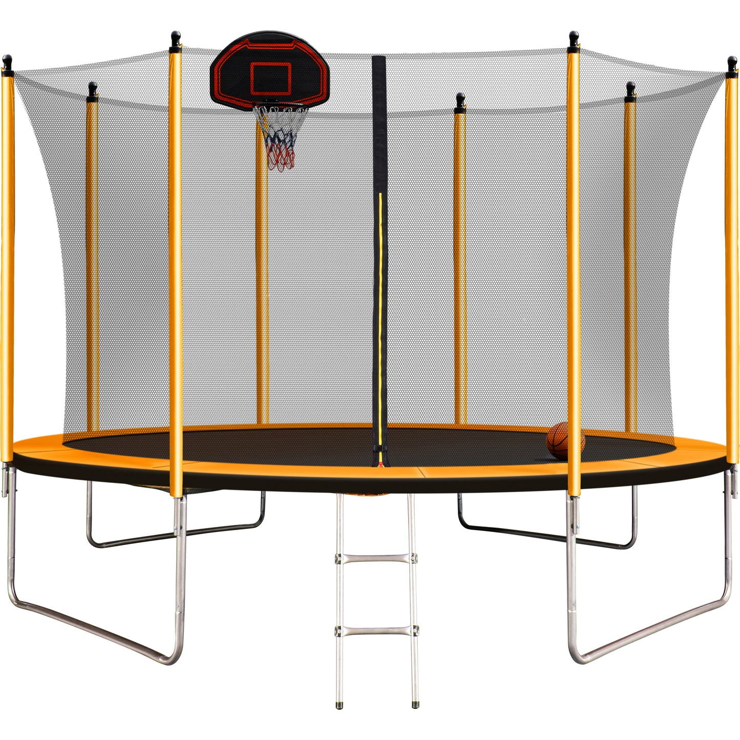 10FT  Trampoline with Basketball Hoop Inflator and Ladder(Inner Safety Enclosure) Orange