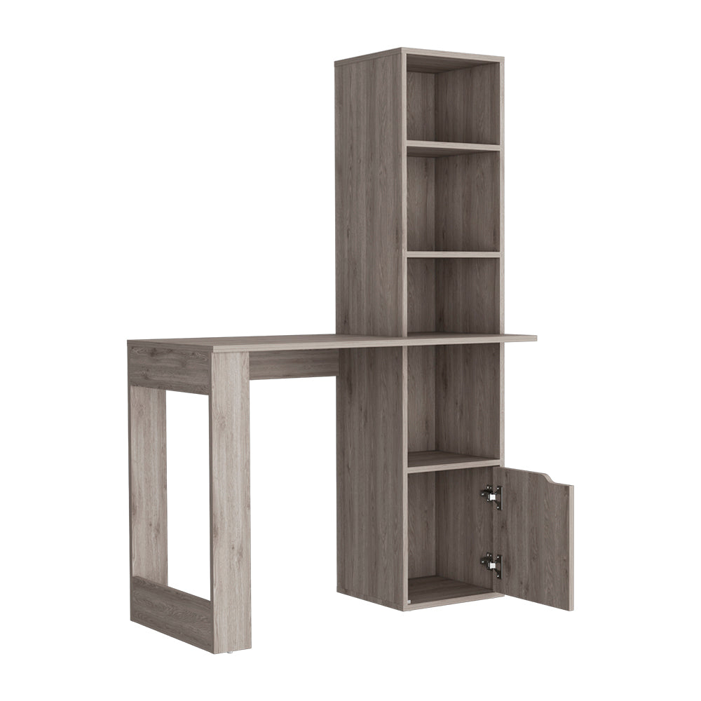 Gray Computer Desk with Bookcase, Single Door Cabinet, and 4-Tier Shelf