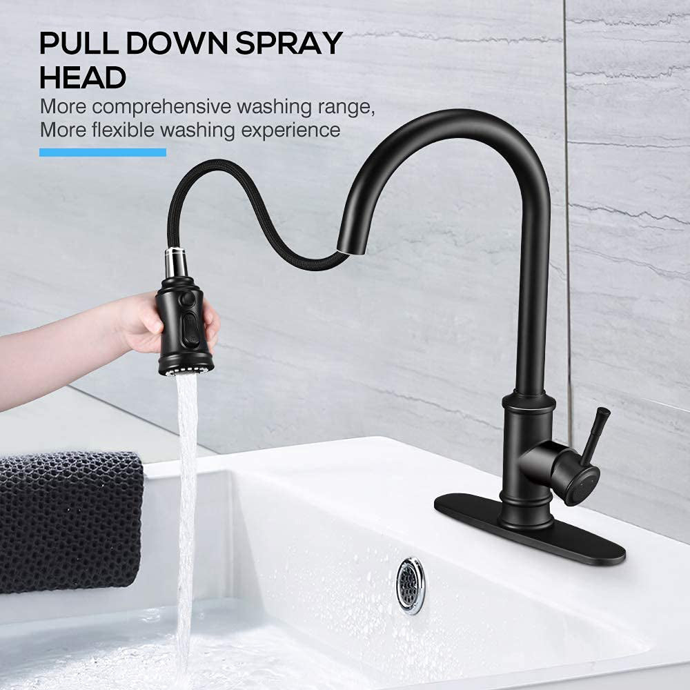 Kitchen Faucet- 3 Modes Pull Down Sprayer Kitchen Tap Faucet Head, Single Handle&Deck Plate for 1or3 Holes, 360° Rotation, Stainless Steel No Lead for RV Bar Home, Black