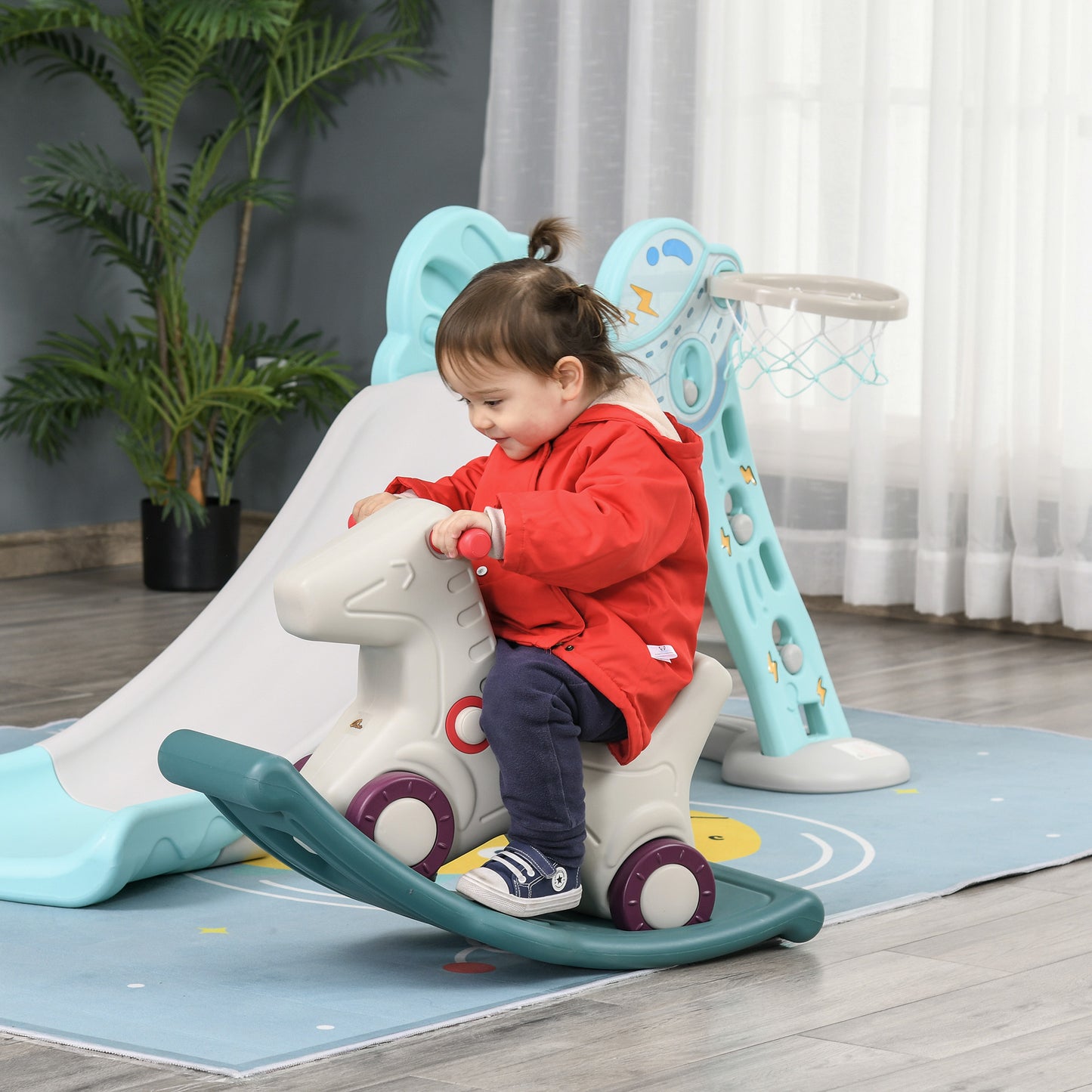 Qaba Kids 2-in-1 Rocking Horse and Sliding Car with Detachable Base