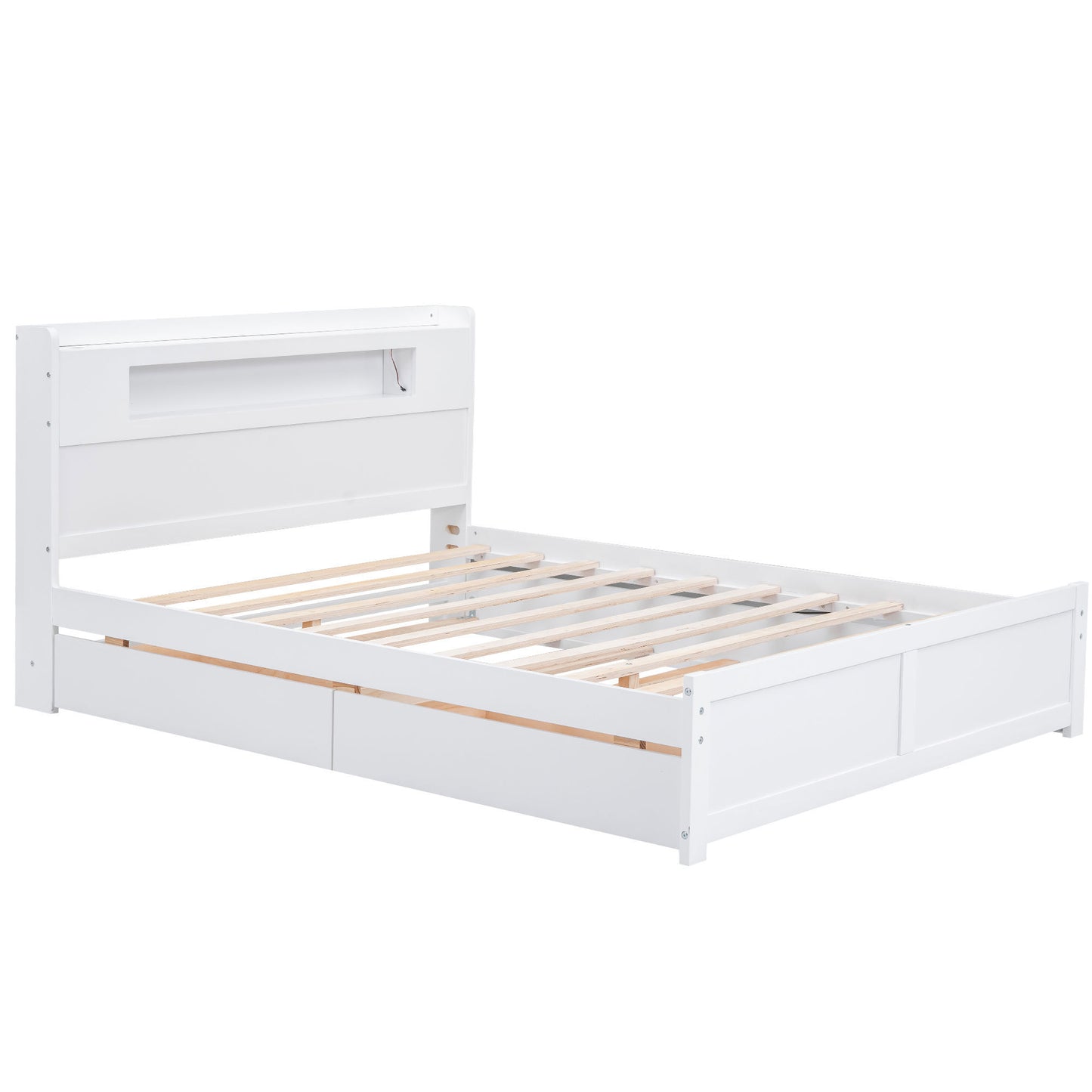 Queen Size Wood Storage Platform Bed with LED, 2 Drawers and 1 Twin Size Trundle, White