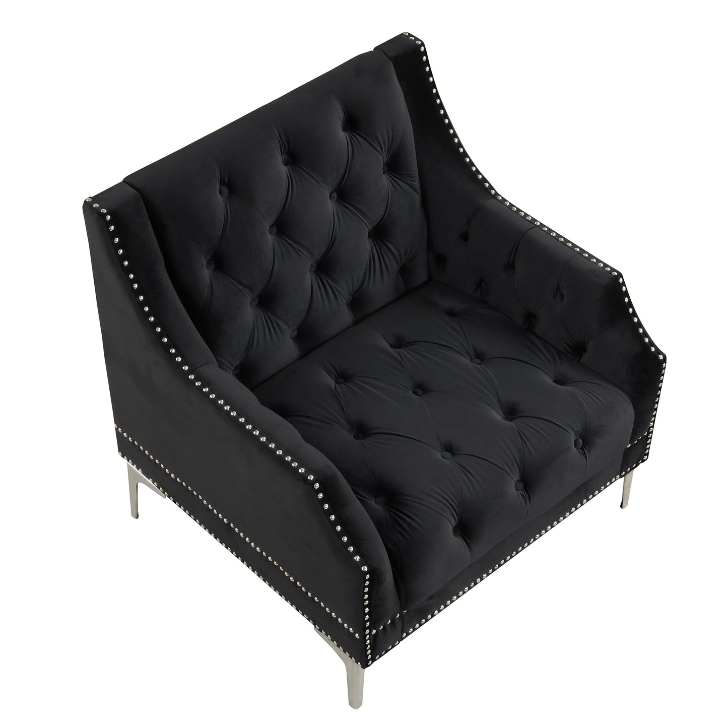 Button Tufted Modern Plush Upholstered Sofa with Metal Legs - Black, 55.5