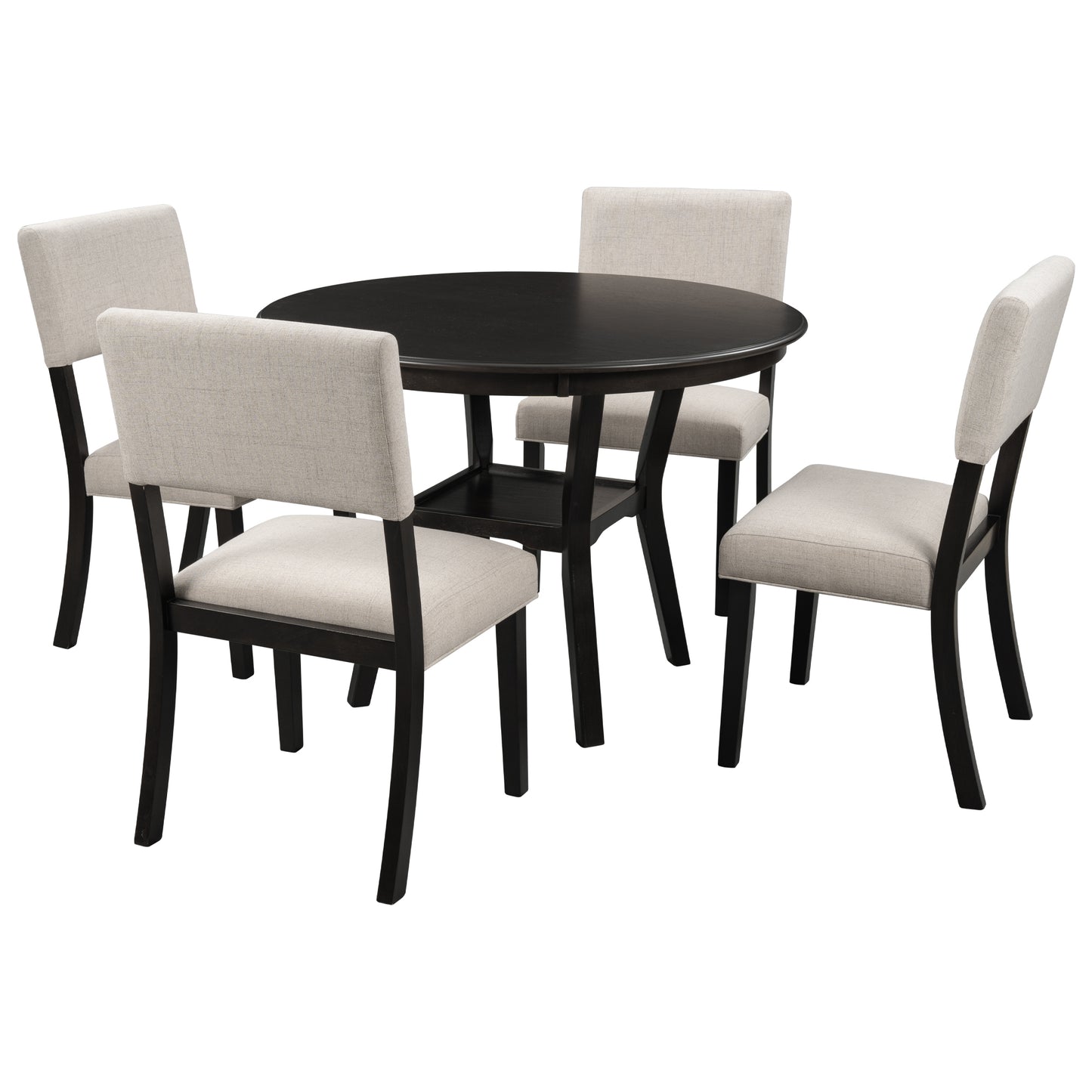 TREXM 5-Piece Kitchen Dining Table Set Round Table with Bottom Shelf, 4 Upholstered Chairs for Dining Room(Espresso)