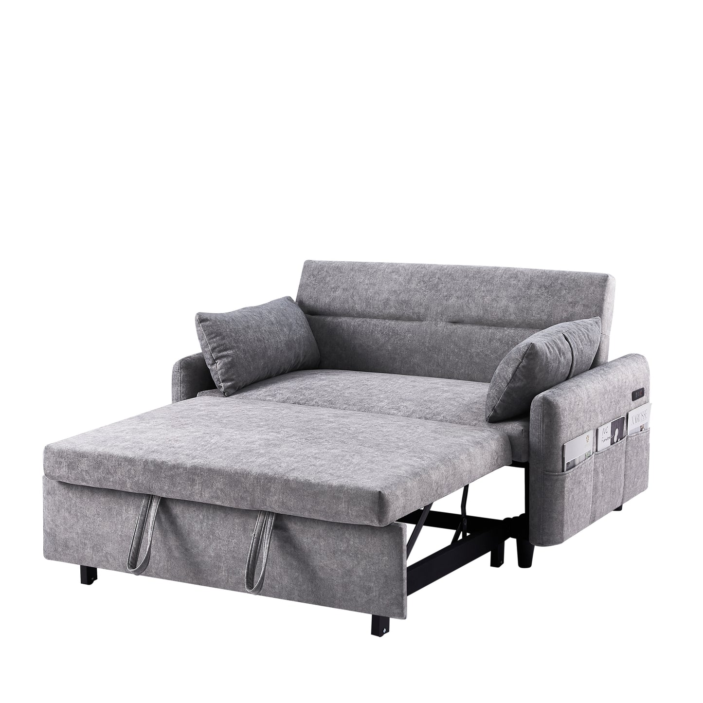 Adjustable Grey Loveseat Sofa Bed with USB Ports and Storage Pockets