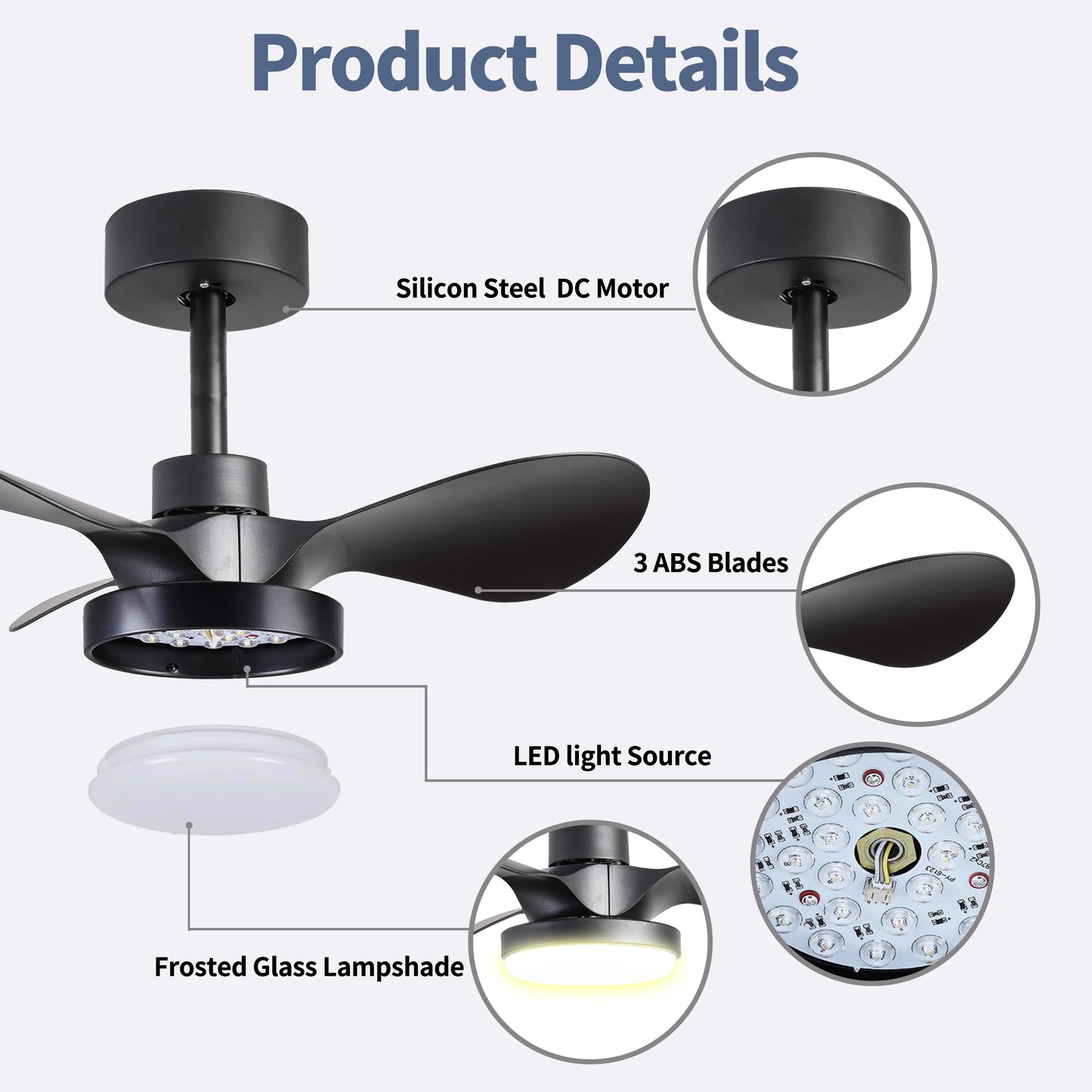 24 Compact Ceiling Fan with LED Light and Remote Control, Modern Low Profile Design