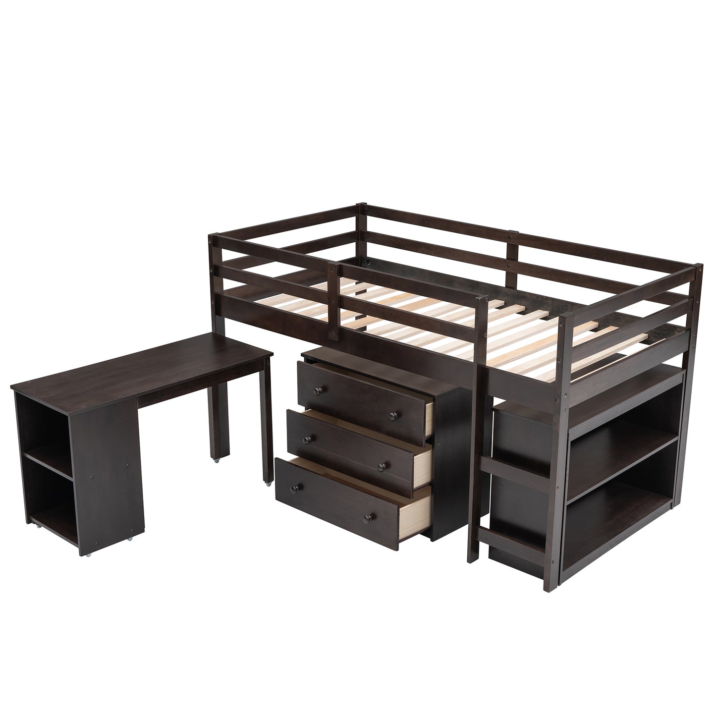 Low Study Twin Loft Bed with Cabinet and Rolling Portable Desk - Espresso