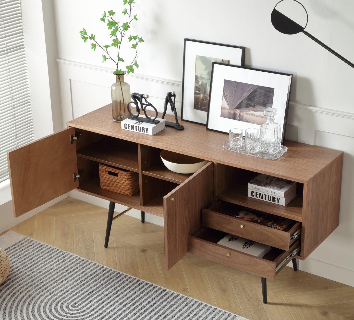 Versatile Modern Walnut Sideboard Buffet with Ample Storage and Waterproof Surface