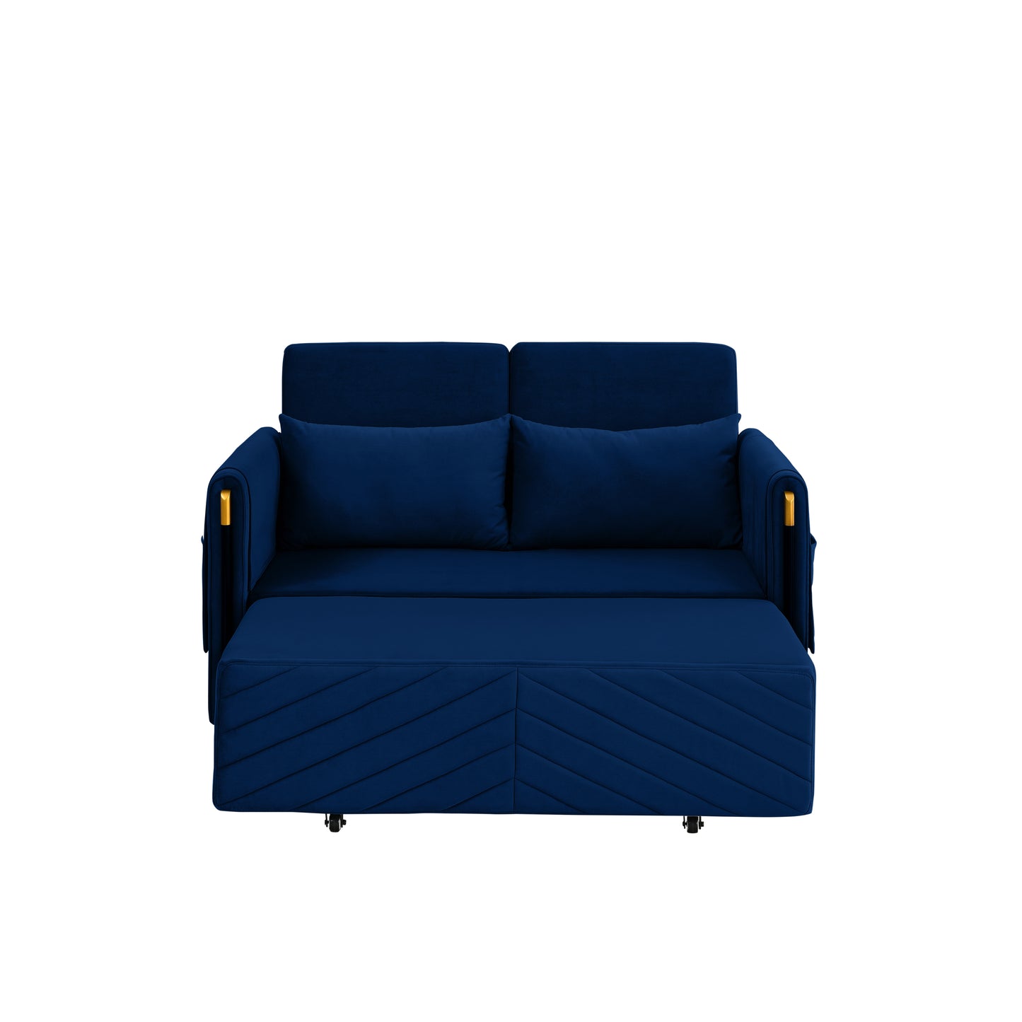 MH 54" Modern Convertible Sofa Bed with 2 Detachable Arm Pockets, Velvet Loveseat Multi-position adjustable Sofa with Pull Out Bed with Bedhead, 2 Pillows and Living Room, Blue