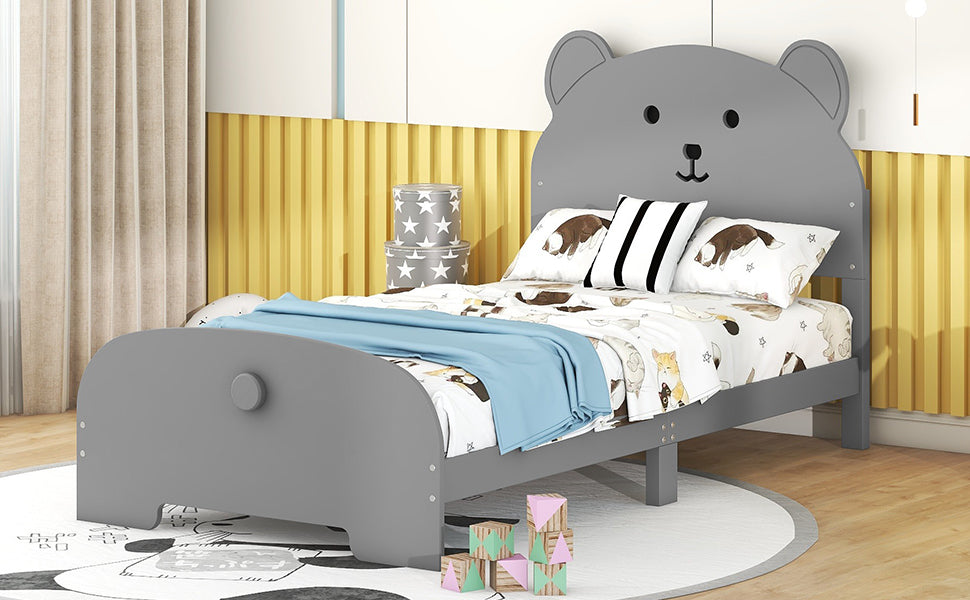 Twin Size Wood Platform Bed with Bear-shaped Headboard and Footboard,Gray