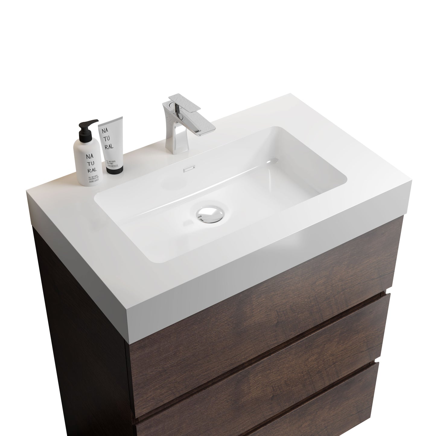 Alice-30F-105,Floor cabinet WITHOUT basin,Walnut color,With three drawers