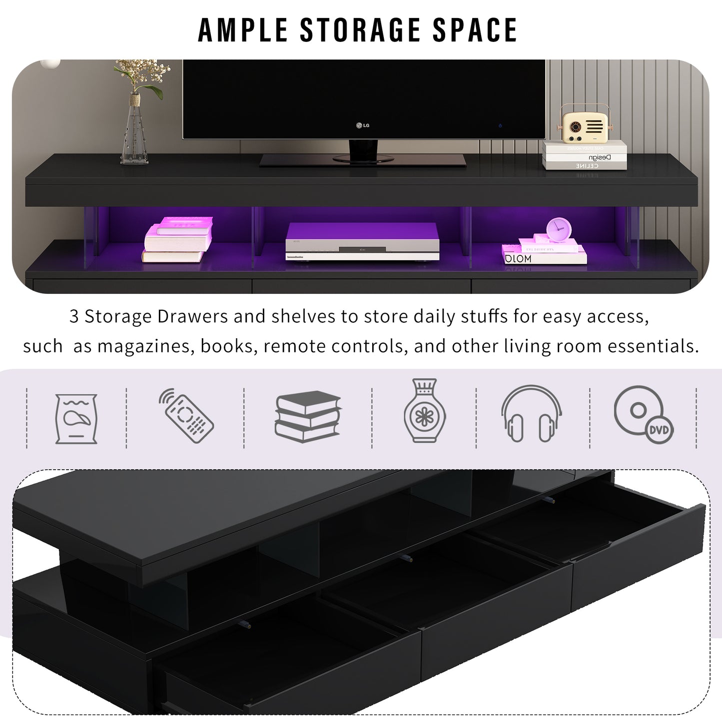 Sleek LED TV Stand with 16 Color Options and Abundant Storage for 70 TVs