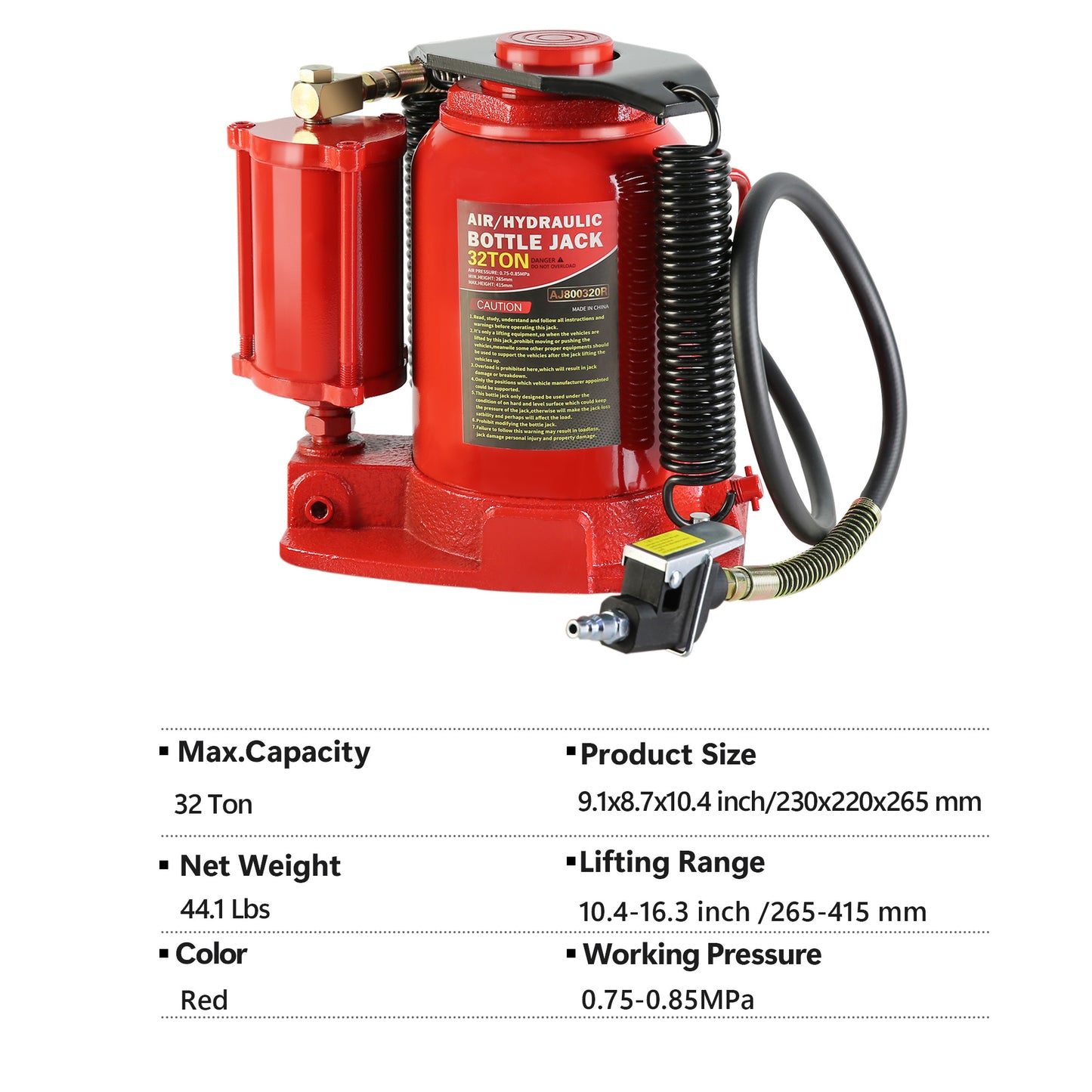 32-Ton Hydraulic Air/Manual Bottle Jack with Retractable Springs and Sturdy Saddle