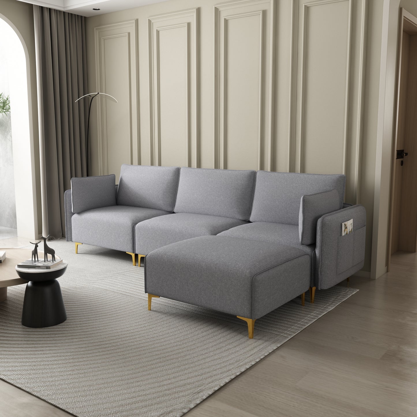 L Shape Sectional Sofa with USB Grey Fabric