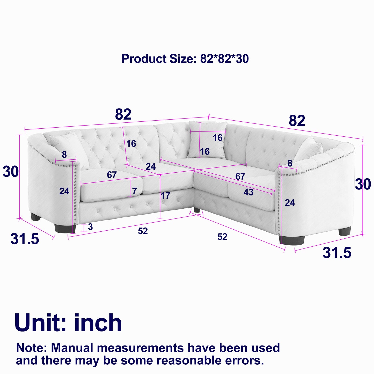 Modern Beige Velvet Chesterfield L-Shaped Sectional Sofa with Nail Head Trim