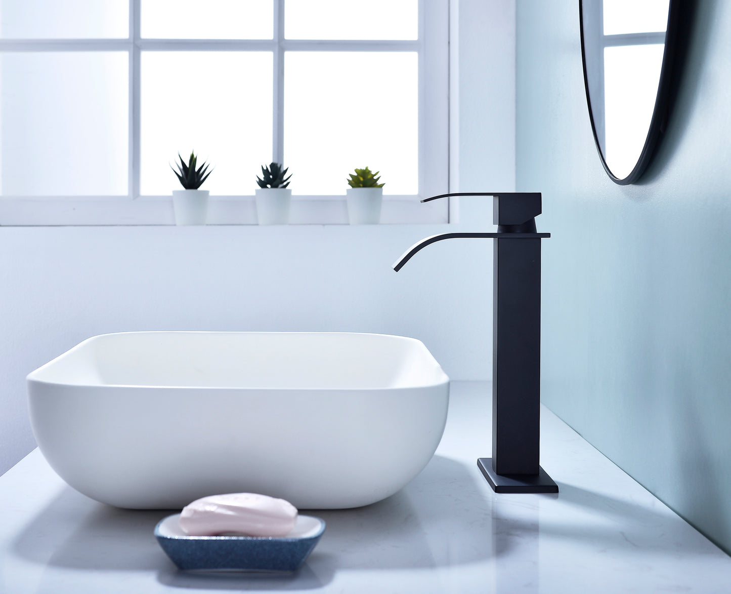 Waterfall Spout Stainless Steel Bathroom Faucet with Matte Black Finish