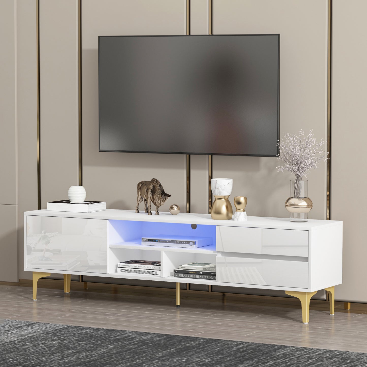 Modern White TV Console with LED Lights and Gold Metal Legs