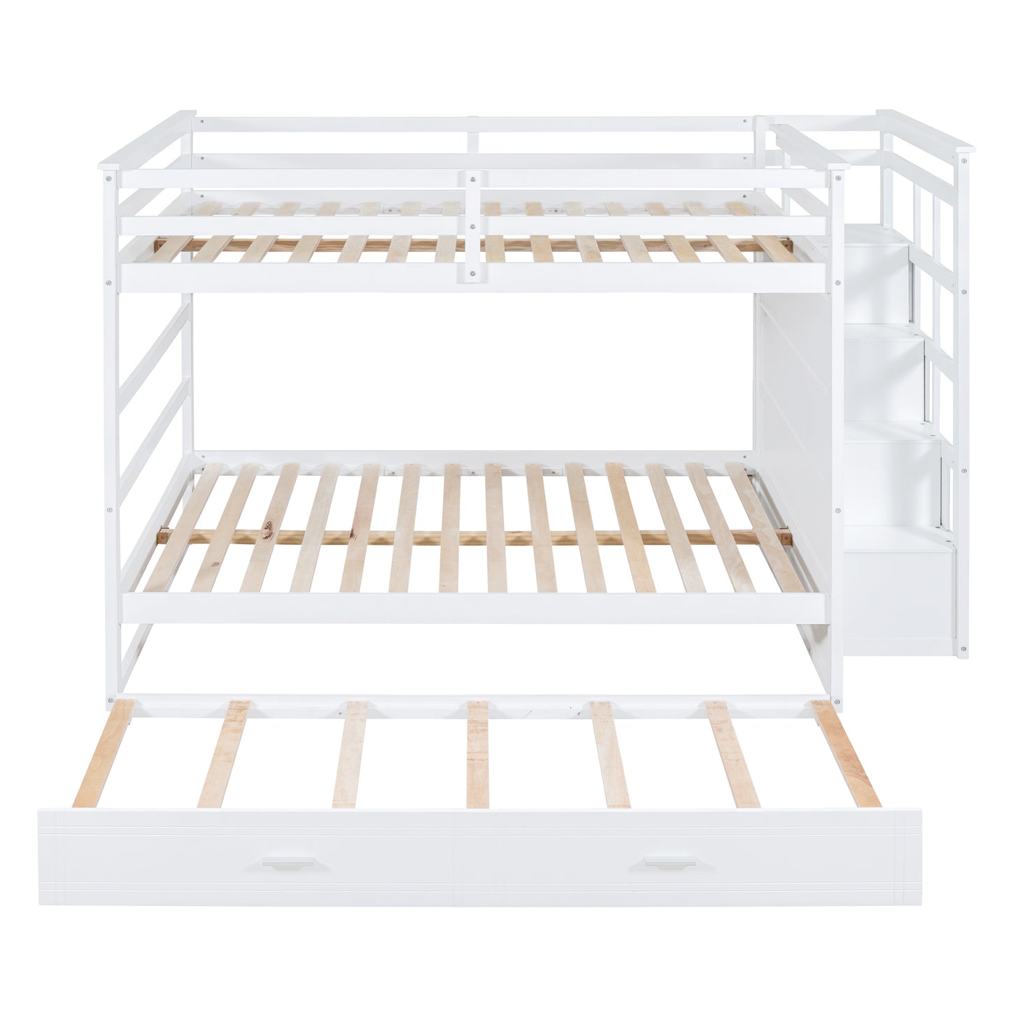 White Full-Over-Full Bunk Bed with Staircase and Trundle