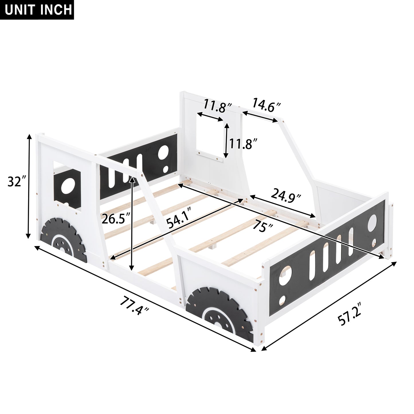 Full Size Classic Car-Shaped Platform Bed with Wheels,White