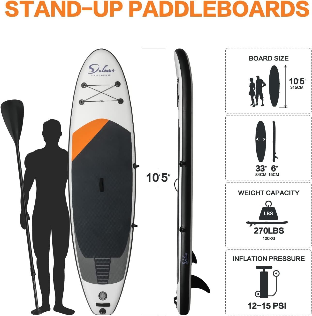 Inflatable Stand Up Paddle Board – Simple Deluxe Premium SUP for All Skill Levels, Paddle Boards for Youth & Adults, Blow Up Stand-Up Paddleboards with Accessories & Backpack, Surf Control, Black