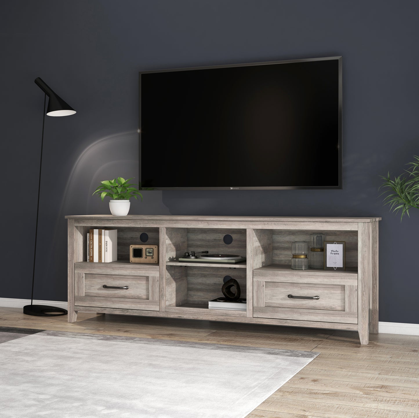 Sleek 70.08 Inch TV Stand with 2 Drawers and 4 Storage Compartments in Grey Walnut