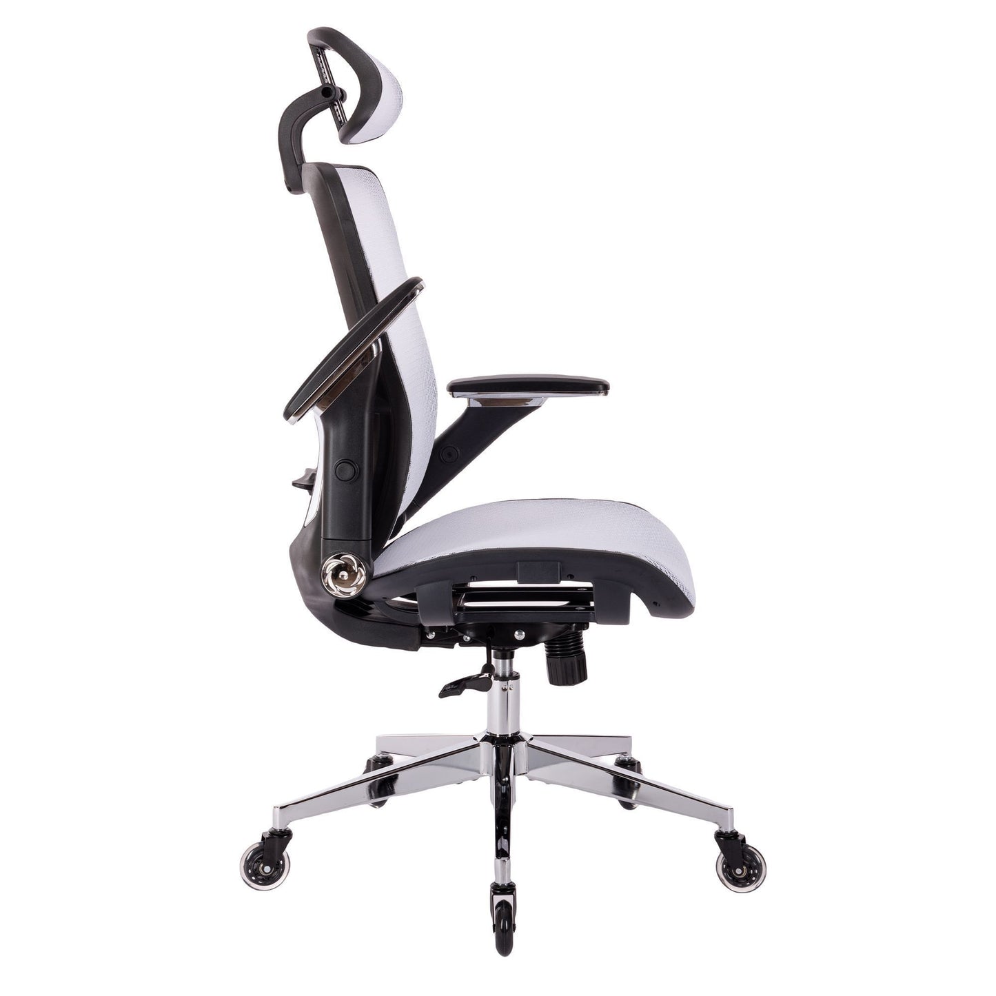 WHITE Ergonomic Mesh Office Chair, High Back - Adjustable Headrest with Flip-Up Arms, Tilt and lock Function, Lumbar Support and blade Wheels, KD chrome metal legs