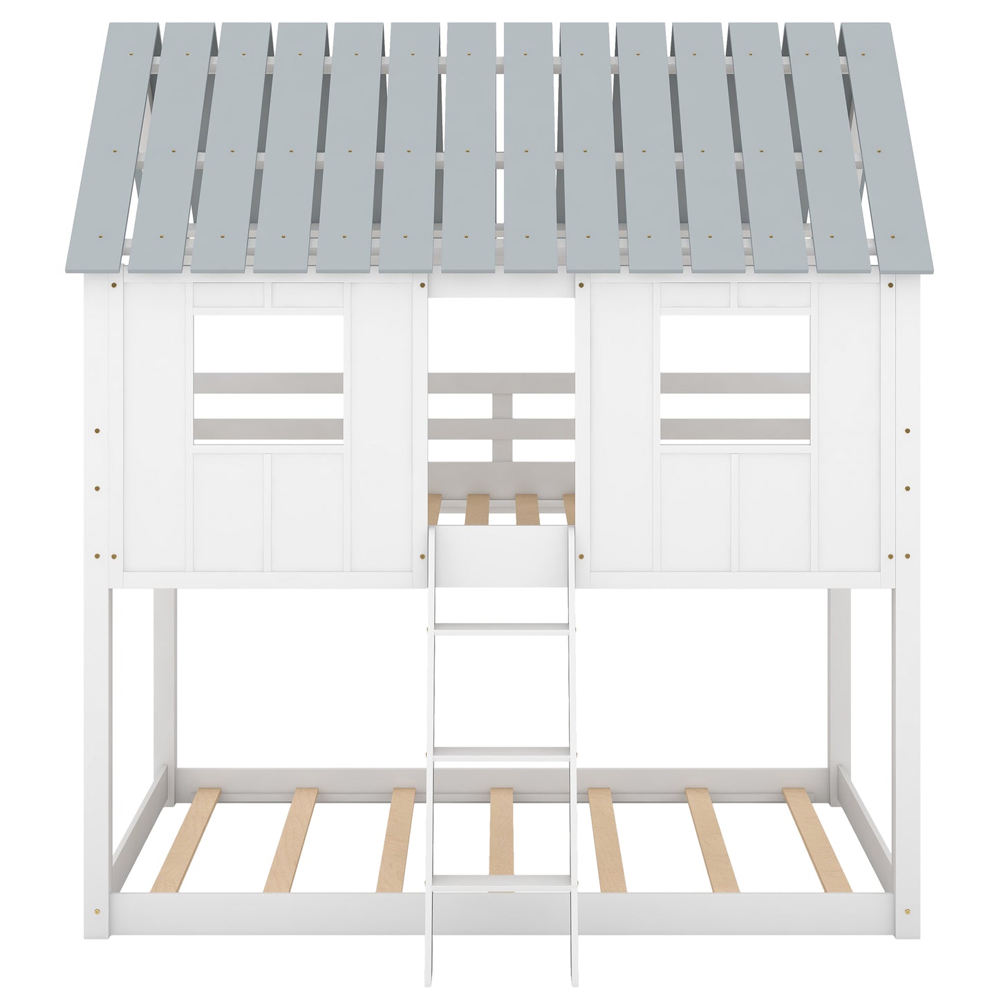 Barnyard Style White Twin Bunk Beds with Roof and Fence Guardrail