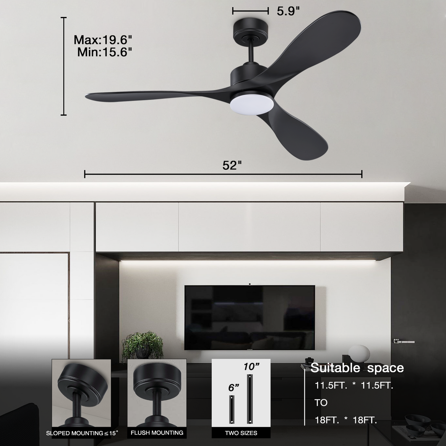 Intelligent 52-inch Black Ceiling Fan with Voice & APP Control