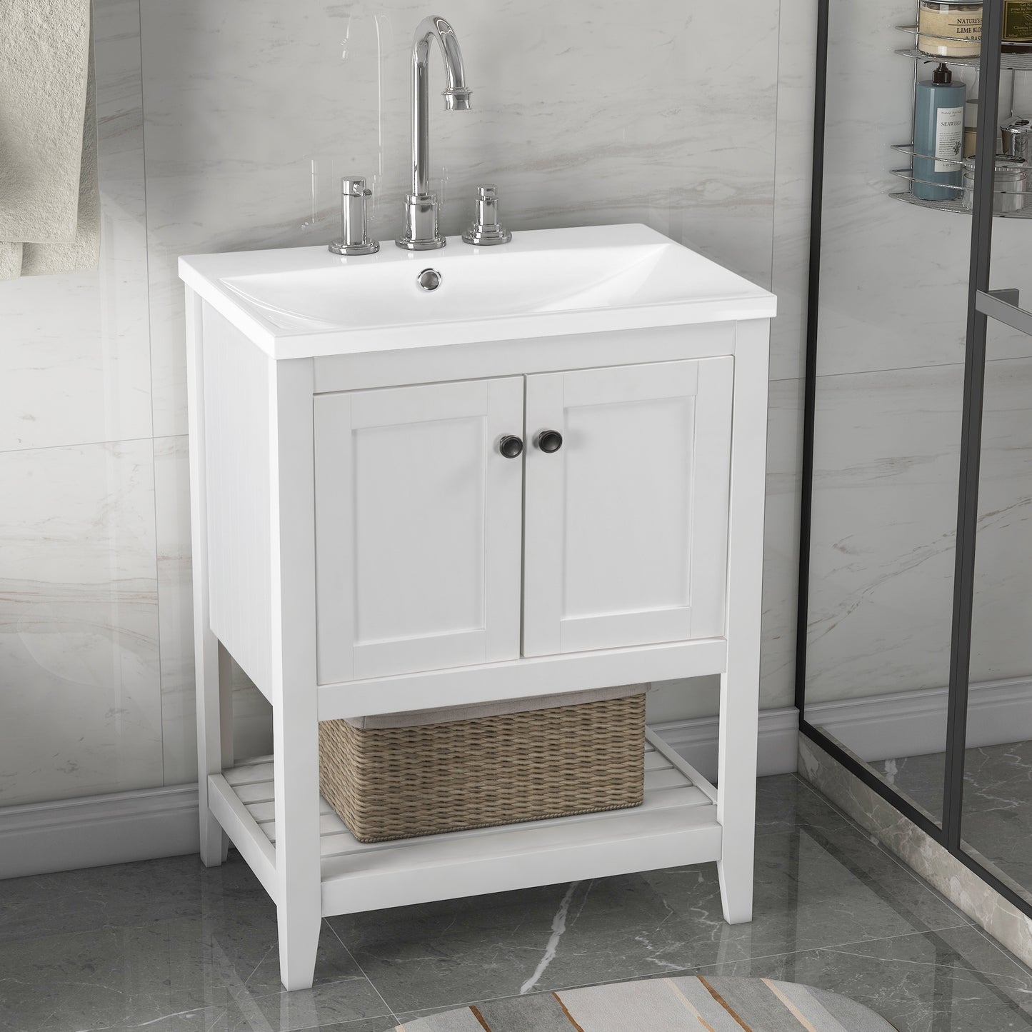 24" White Modern Sleek Bathroom Vanity Elegant Ceramic Sink with Solid Wood Frame Open Style Shelf