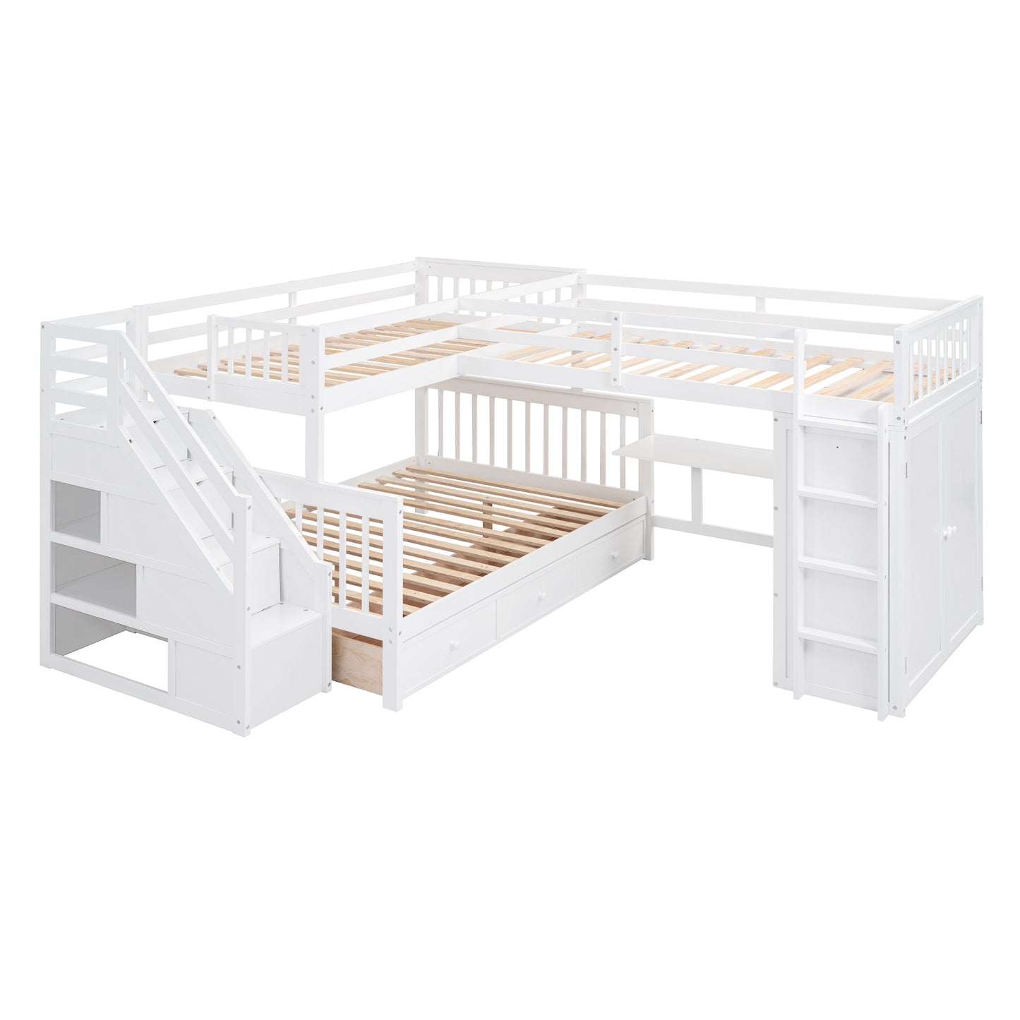 L-Shaped Bunk Bed Set with Desks, Wardrobe, Drawers, White - Space-Saving Sleepover Solution