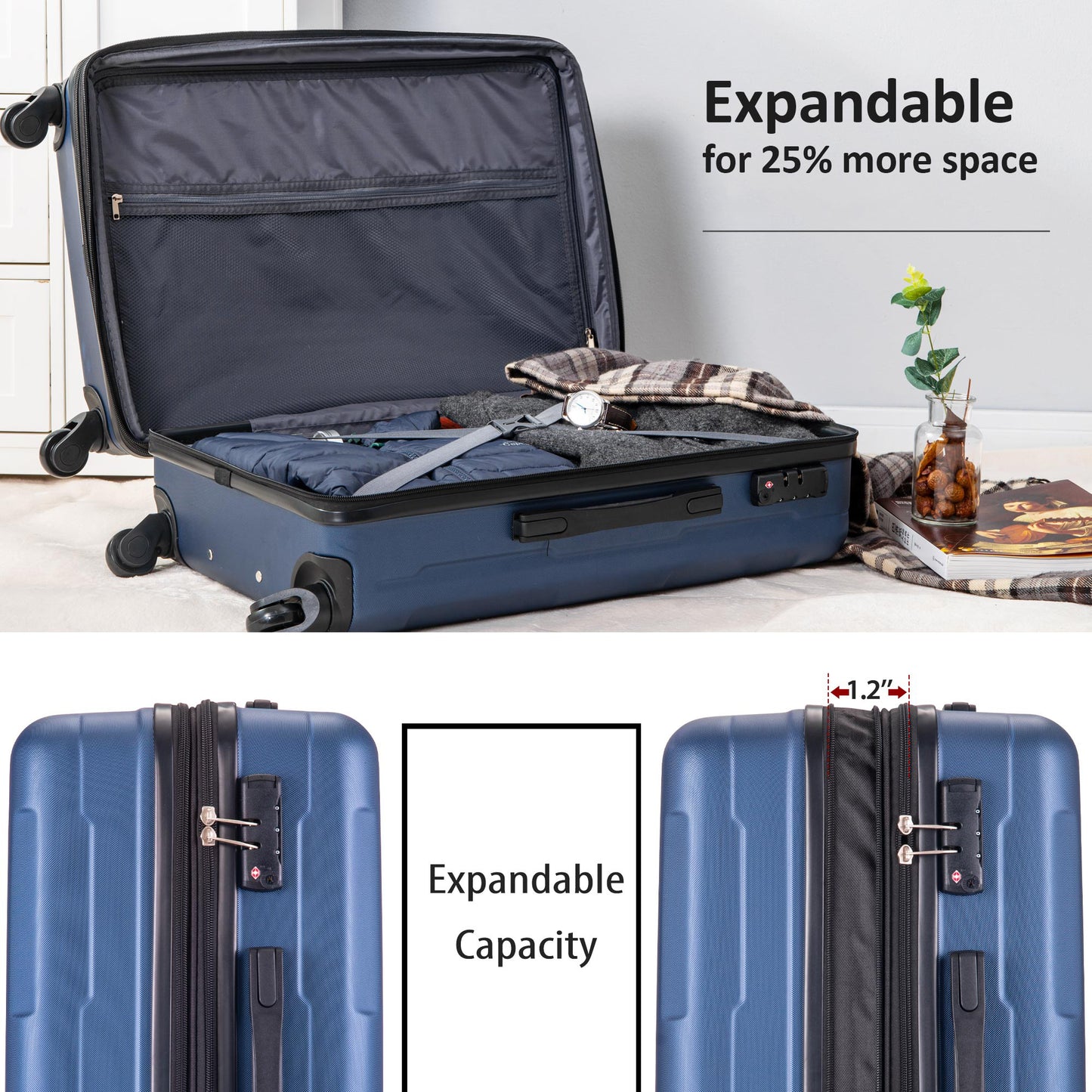 Expandable  Spinner Wheel 3 Piece Luggage Set ABS Lightweight Suitcase with TSA Lock