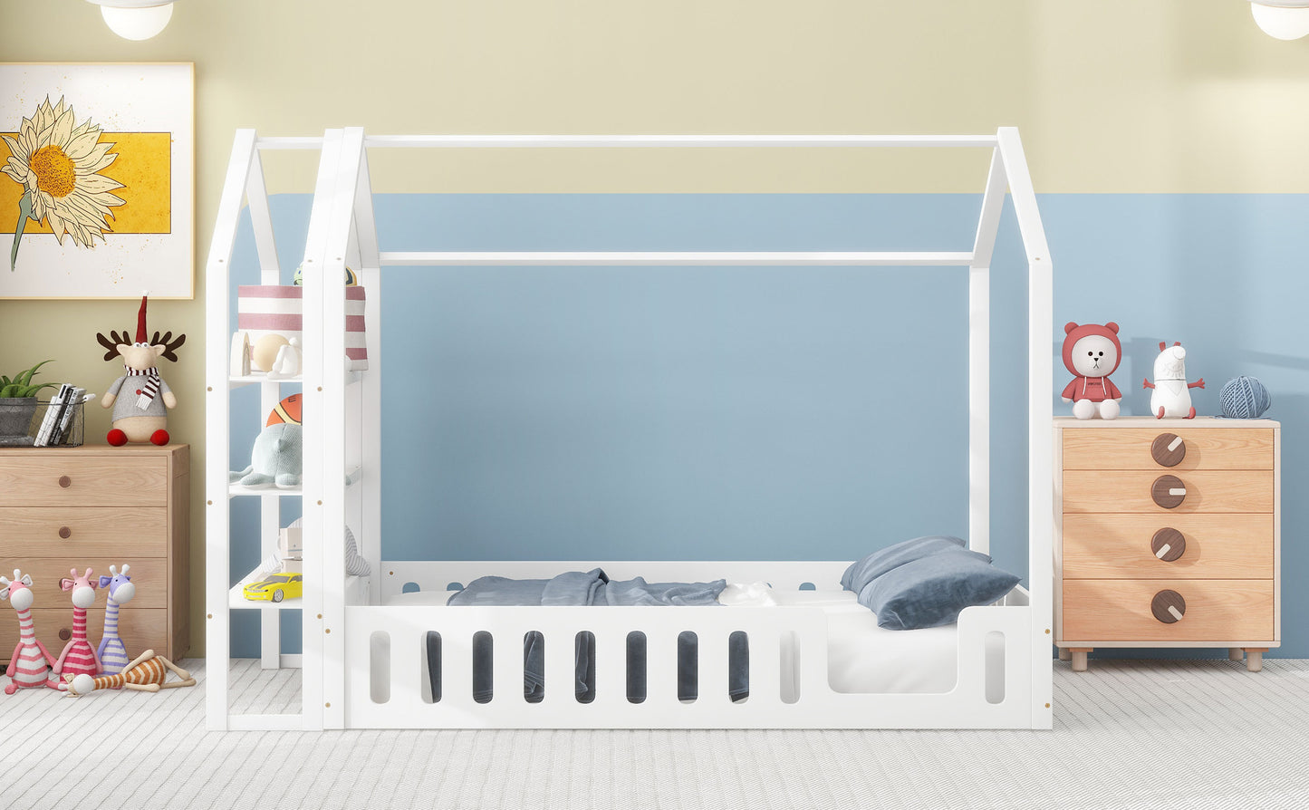 Full Size Wood House Bed with Fence and Detachable Storage Shelves, White(Expected Arrival Time: 1.7)