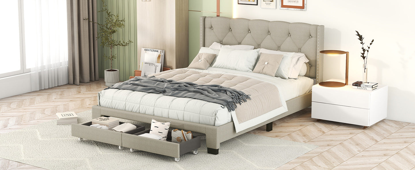 Queen Size Storage Bed Linen Upholstered Platform Bed with Two Drawers - Beige