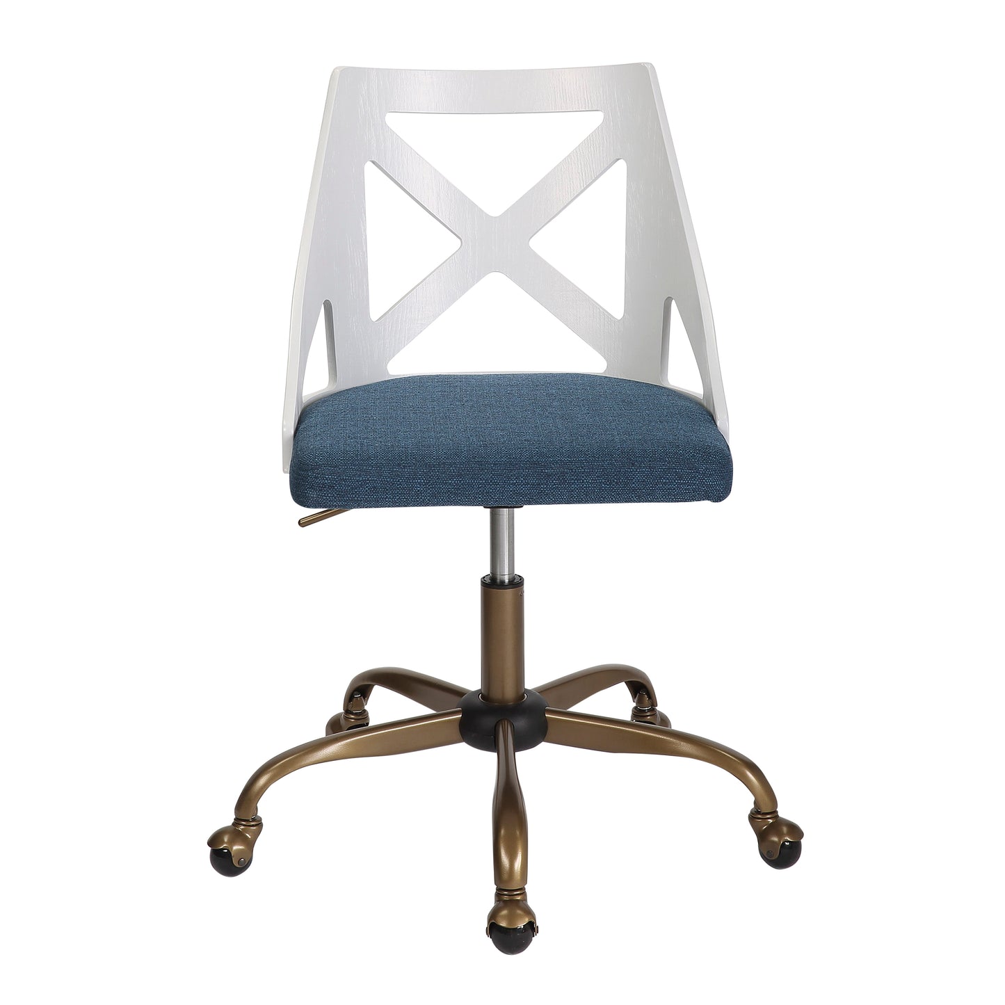 Charlotte Farmhouse Task Chair in Antique Copper Metal, White Textured Wood, and Blue Fabric by LumiSource