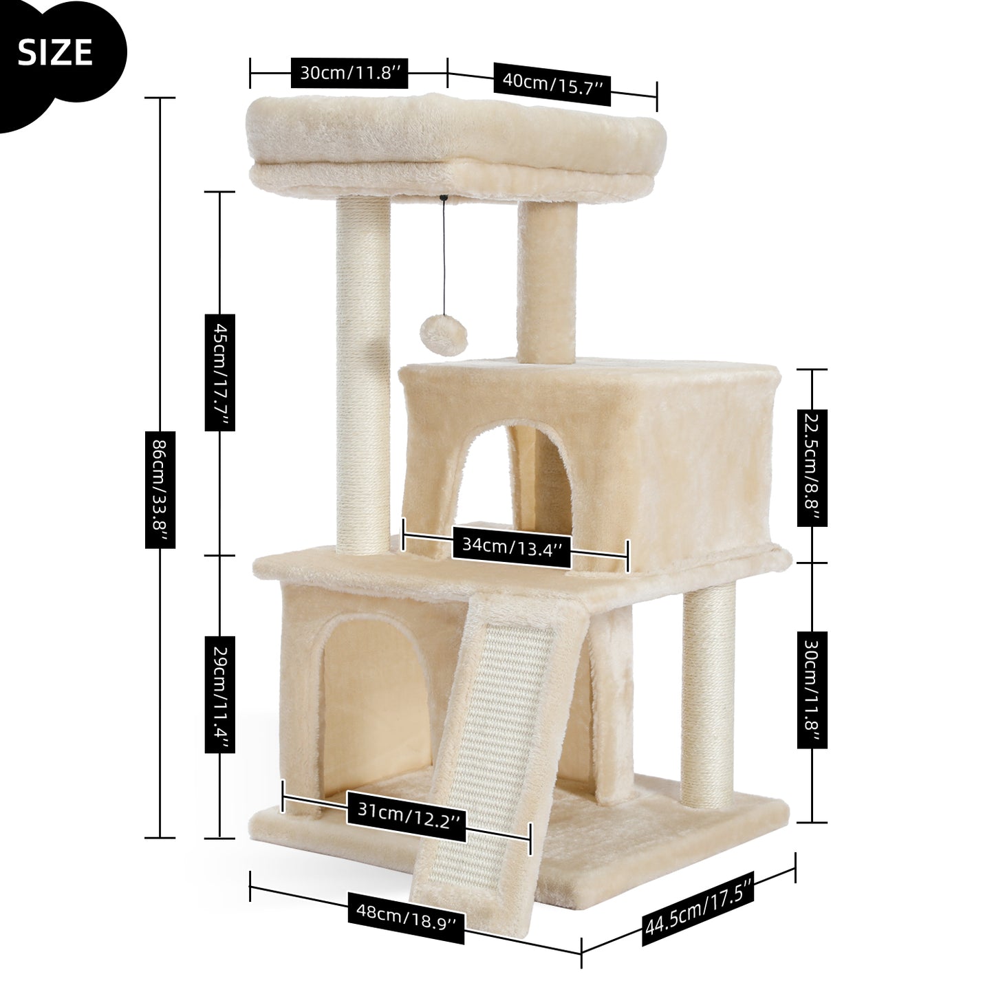 Cat Tree Luxury 34 Inches Cat Tower with Double Condos, Spacious Perch, Fully Wrapped Scratching Sisal Posts and Replaceable Dangling Balls Beige